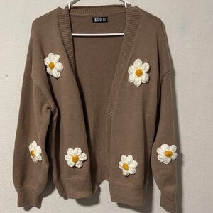 Brown Women's Sweater with Knitted Flowers - Medium
